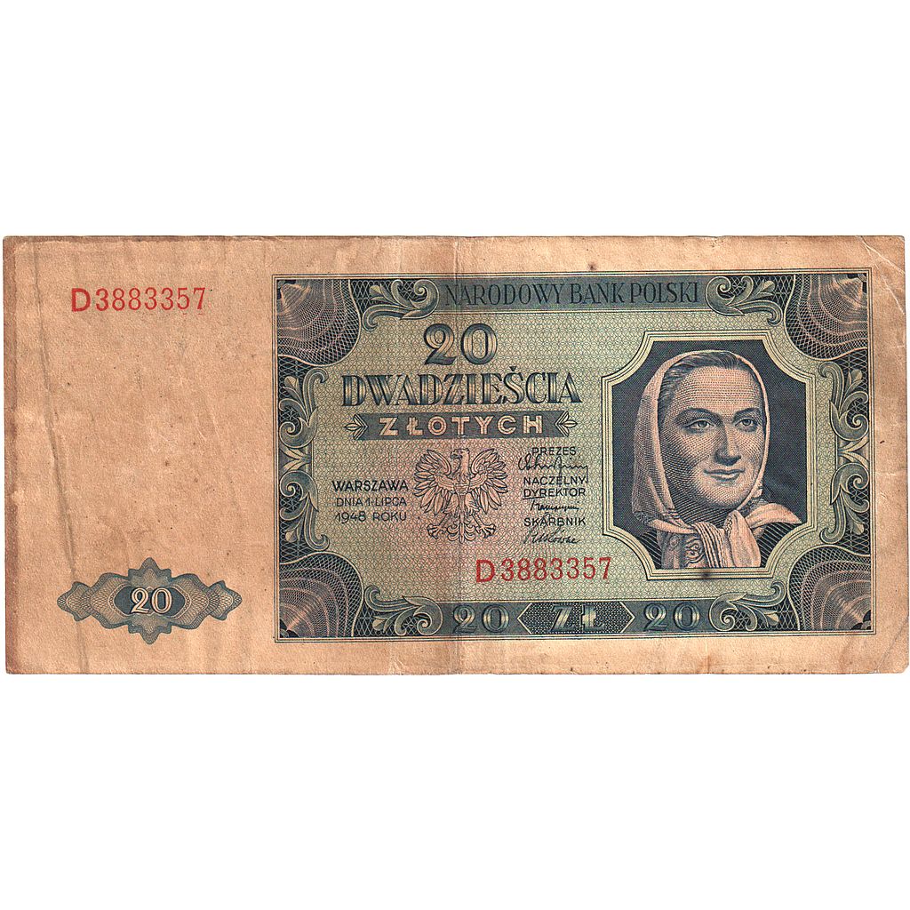 Poland, 20 Zlotych, 1948, 1948-07-01, KM:137, VF(30-35)