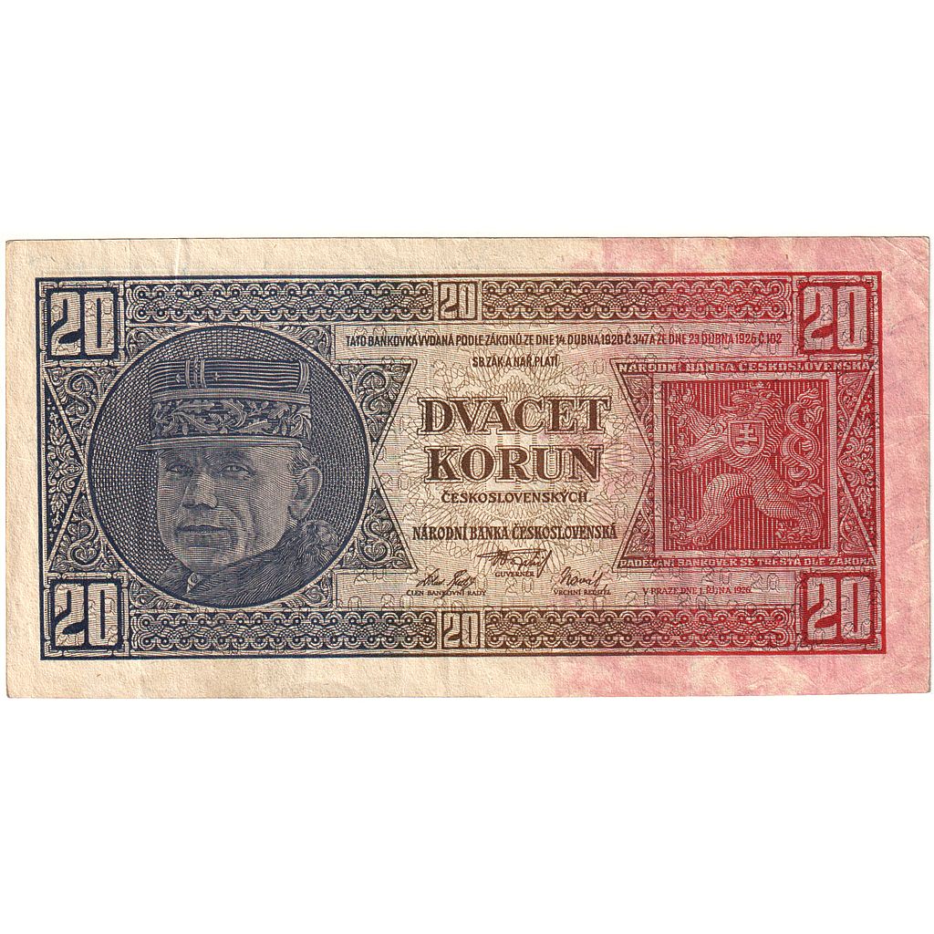 Czechoslovakia, 20 Korun, 1926-10-01, KM:21a, EF(40-45)