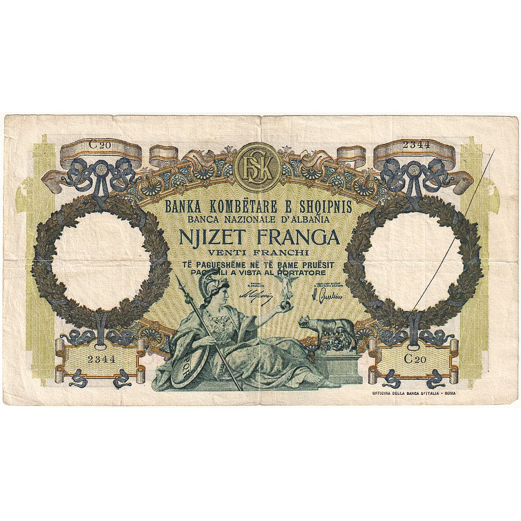Albania, 20 Franga, KM:13, VF(20-25)