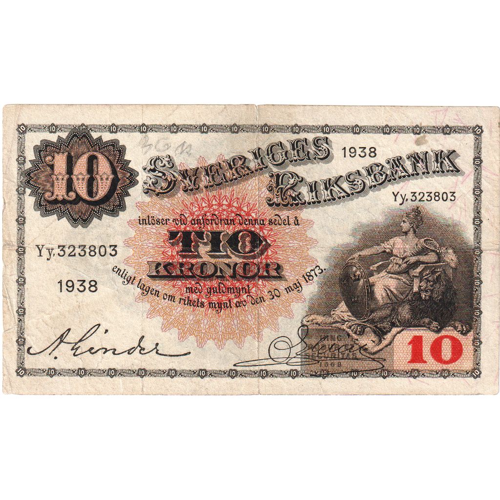 Sweden, 10 Kronor, 1938, 1938, KM:34u, VF(20-25)