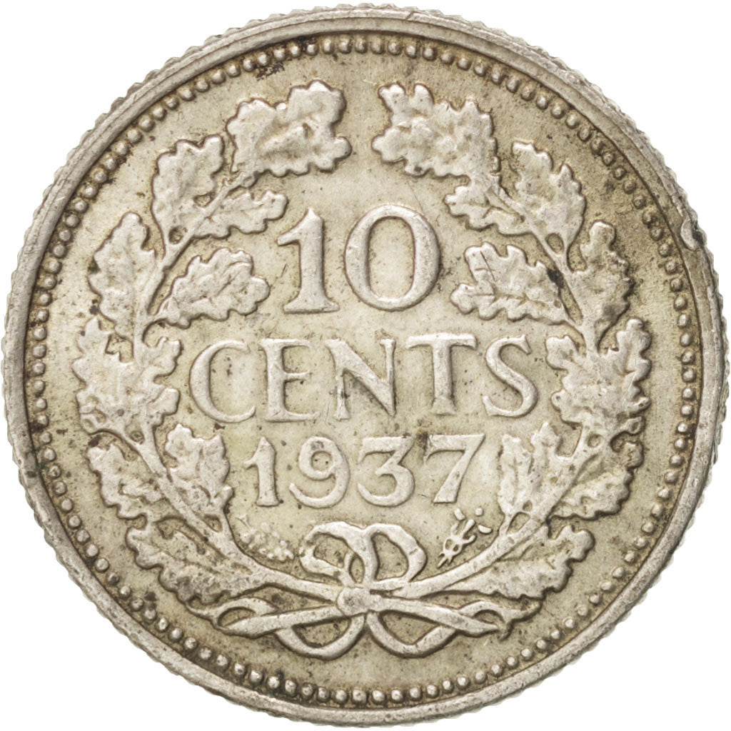 Coin, Netherlands, Wilhelmina I, 10 Cents, 1937, AU(50-53), Silver, KM:163