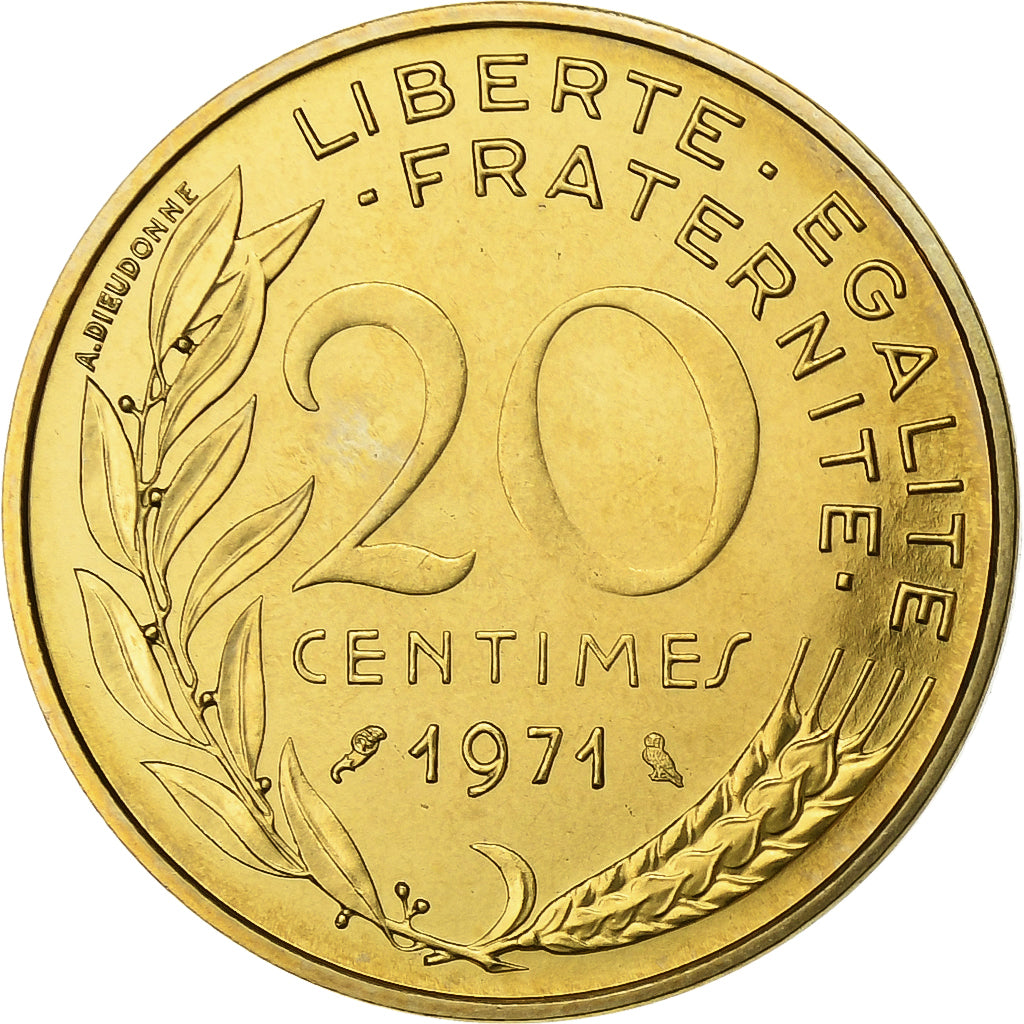 France, 20 Centimes, Marianne, 1971, Paris, FDC, Aluminum-Bronze, MS(65-70)