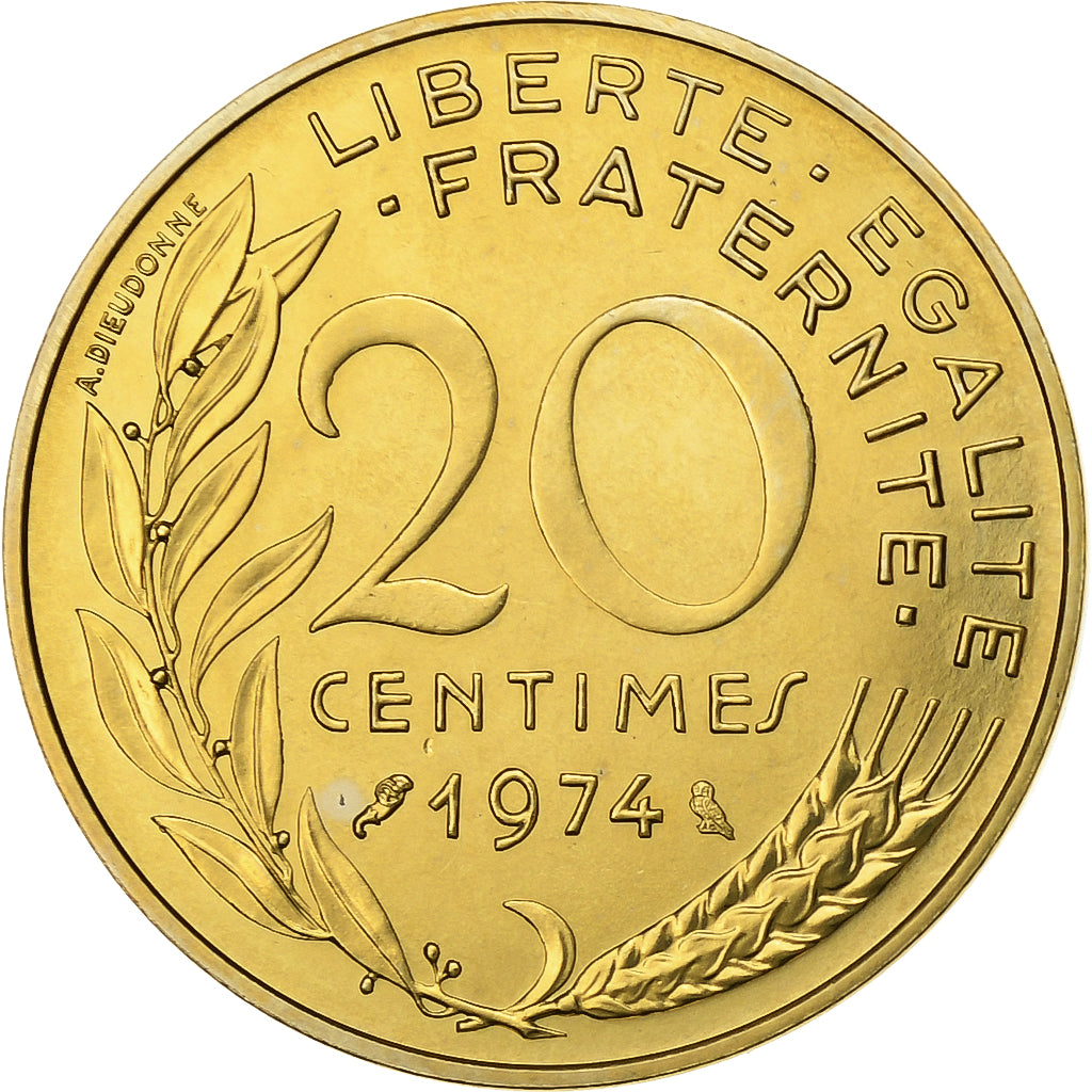 Francja, 20 Centimes, Marianne, 1974, Paris, Aluminium-Brąz, MS(65-70)
