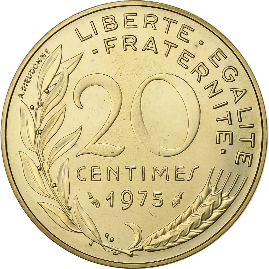 França, 20 Centimes, Marianne, 1975, Paris, série FDC, Alumínio-Bronze