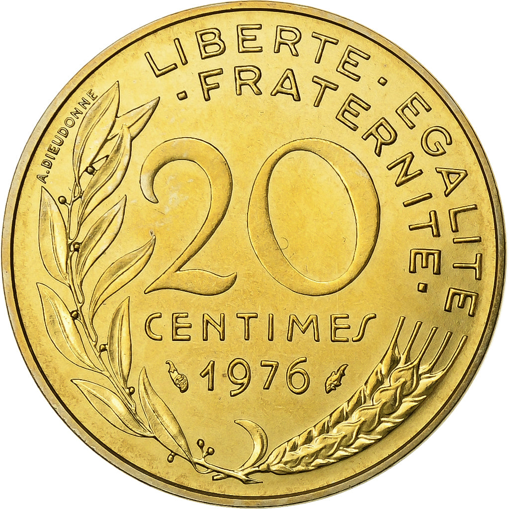França, 20 Centimes, Marianne, 1976, Paris, série FDC, Alumínio-Bronze