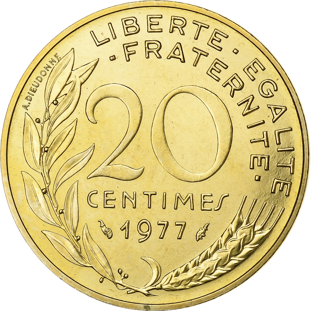 Francja, 20 Centimes, Marianne, 1977, Paris, FDC, Miedzionikiel Aluminium