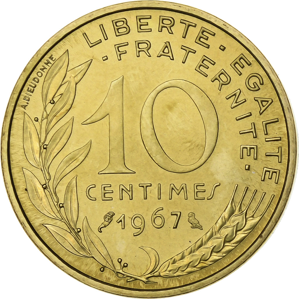 Francja, 10 Centimes, Marianne, 1967, Paris, Aluminium-Brąz, MS(63)