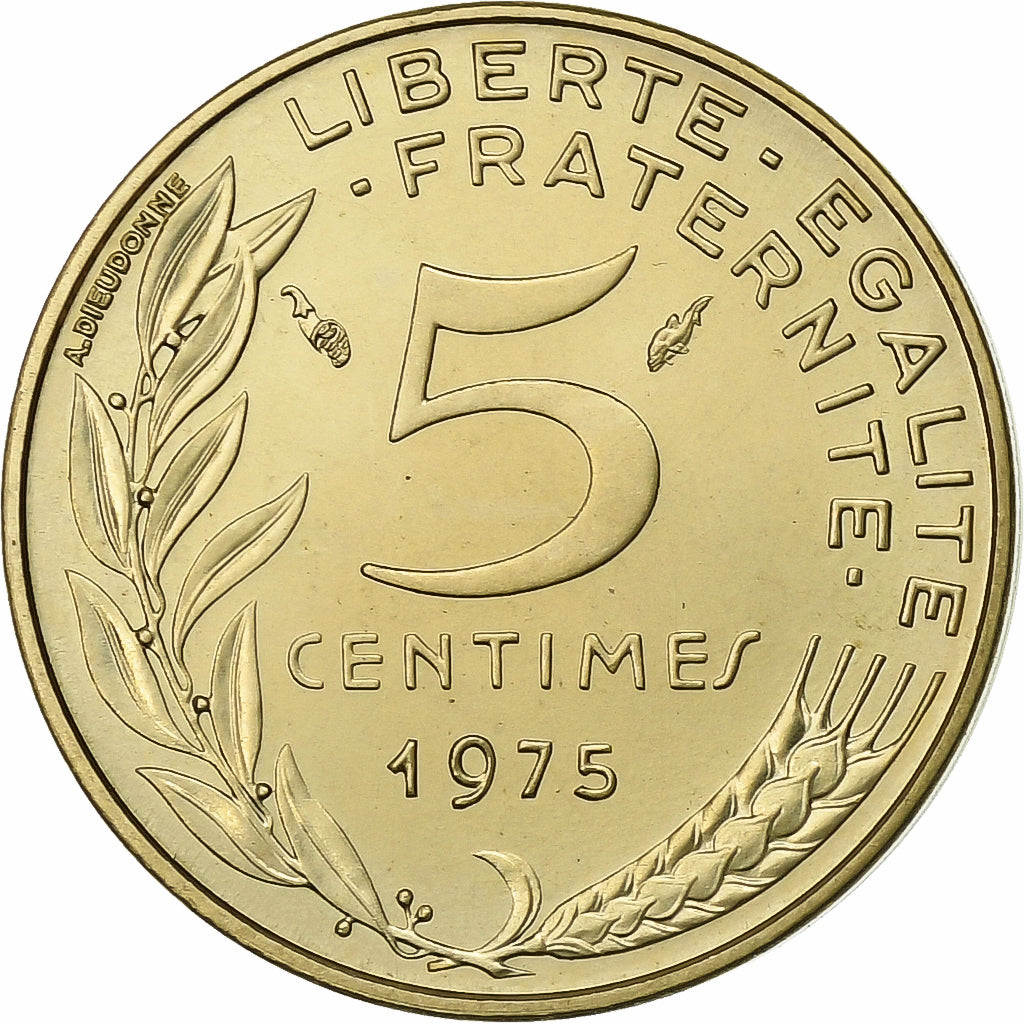 Francja, 5 Centimes, Marianne, 1975, Paris, FDC, Aluminium-Brąz, MS(65-70)