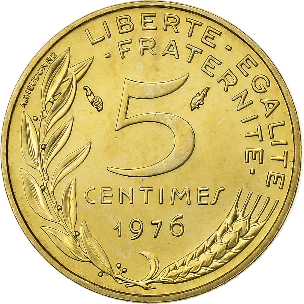 Francja, 5 Centimes, Marianne, 1976, Paris, FDC, Aluminium-Brąz, MS(65-70)