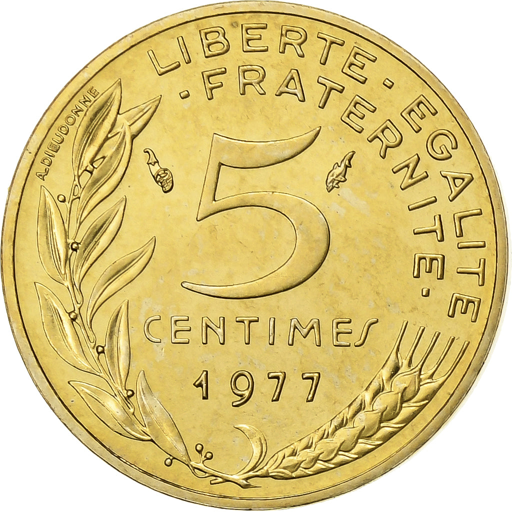 Francja, 5 Centimes, Marianne, 1977, Paris, FDC, Aluminium-Brąz, MS(65-70)