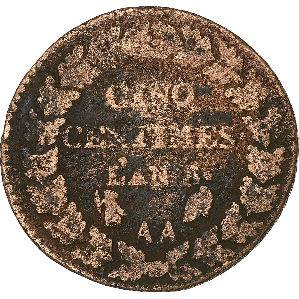 Frankreich, 5 Centimes, Dupré, AN 8, Metz, Bronze, SGE+, Gadoury:126a