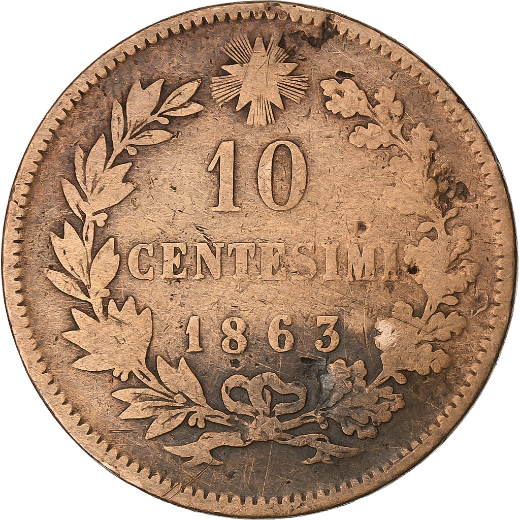 Włochy, Vittorio Emanuele II, 10 Centesimi, 1863, Milan, Miedź, VF(20-25)