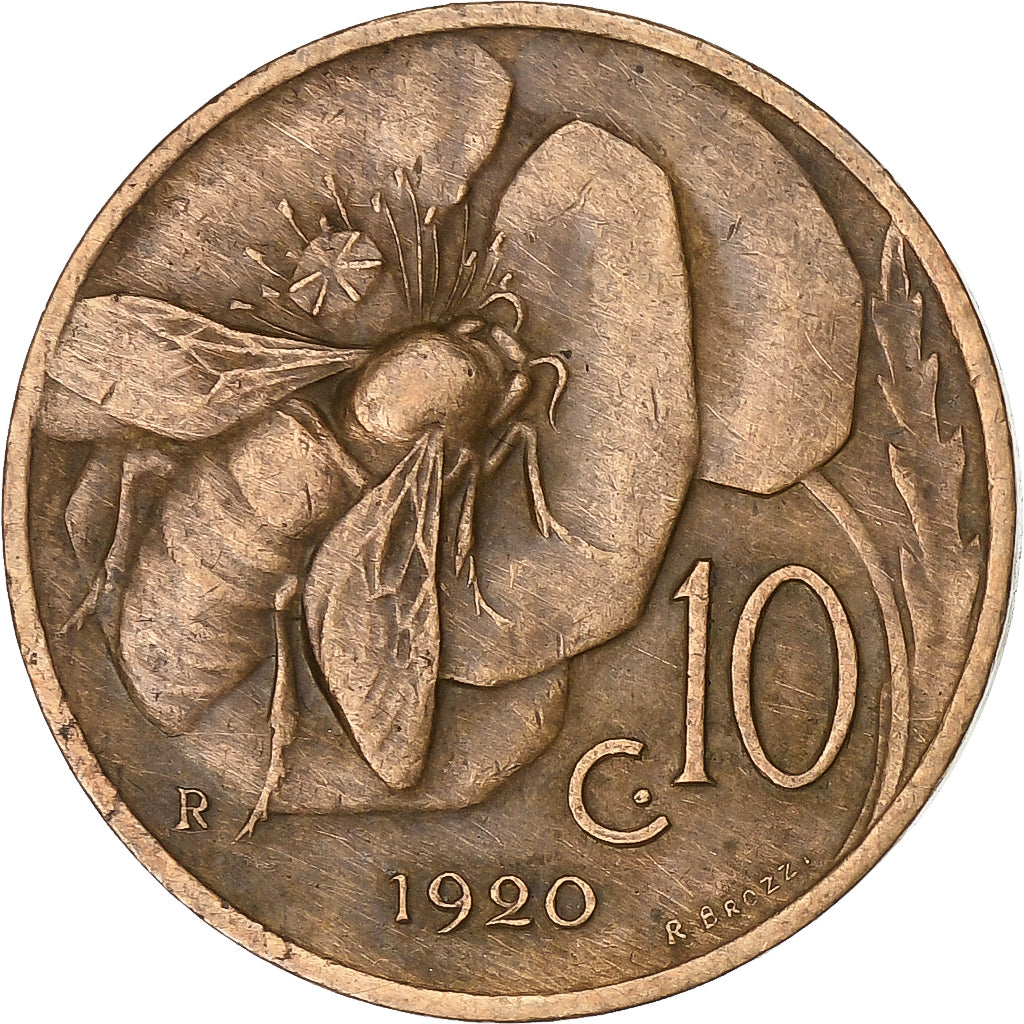 Italia, Vittorio Emanuele III, 10 Centesimi, 1920, Rome, Bronzo, BB, KM:60