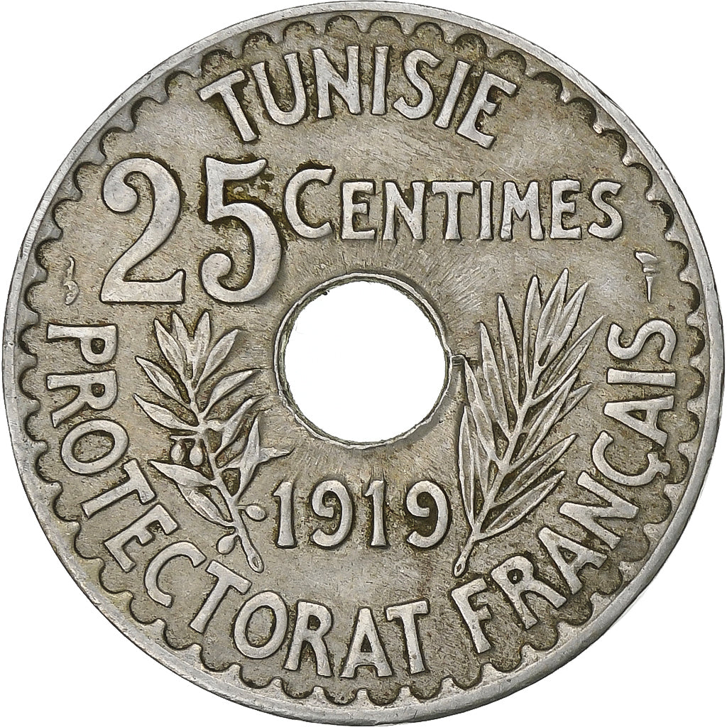 Tunisia, Muhammad al-Nasir Bey, 25 Centimes, 1919, Paris, Nickel-Bronze