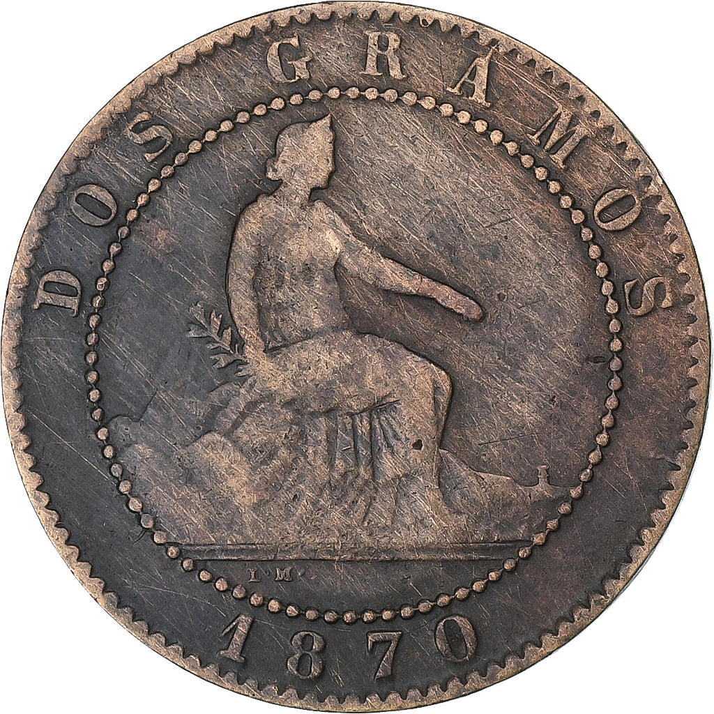 Spanje, Provisional Government, 2 Centimos, 1870, Madrid, Koper, FR+, KM:661