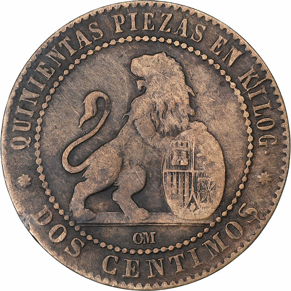 Spanje, Provisional Government, 2 Centimos, 1870, Madrid, Koper, FR+, KM:661