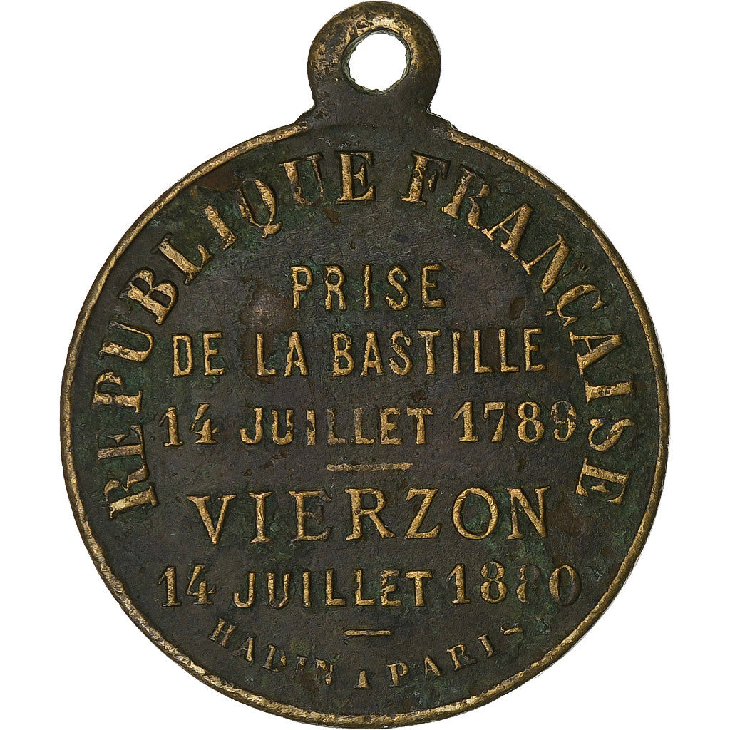 France, Médaille, Commémoration, Prise de la Bastille, Vierzon, 1880, Laiton