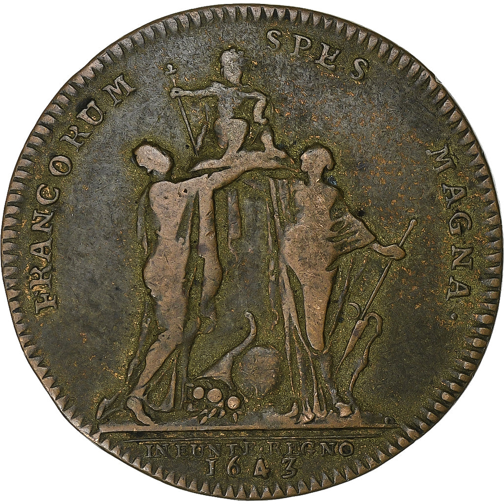 France, Jeton, Louis XIV, Souvenir du Commencement du Règne, 1643, Cuivre, TB+