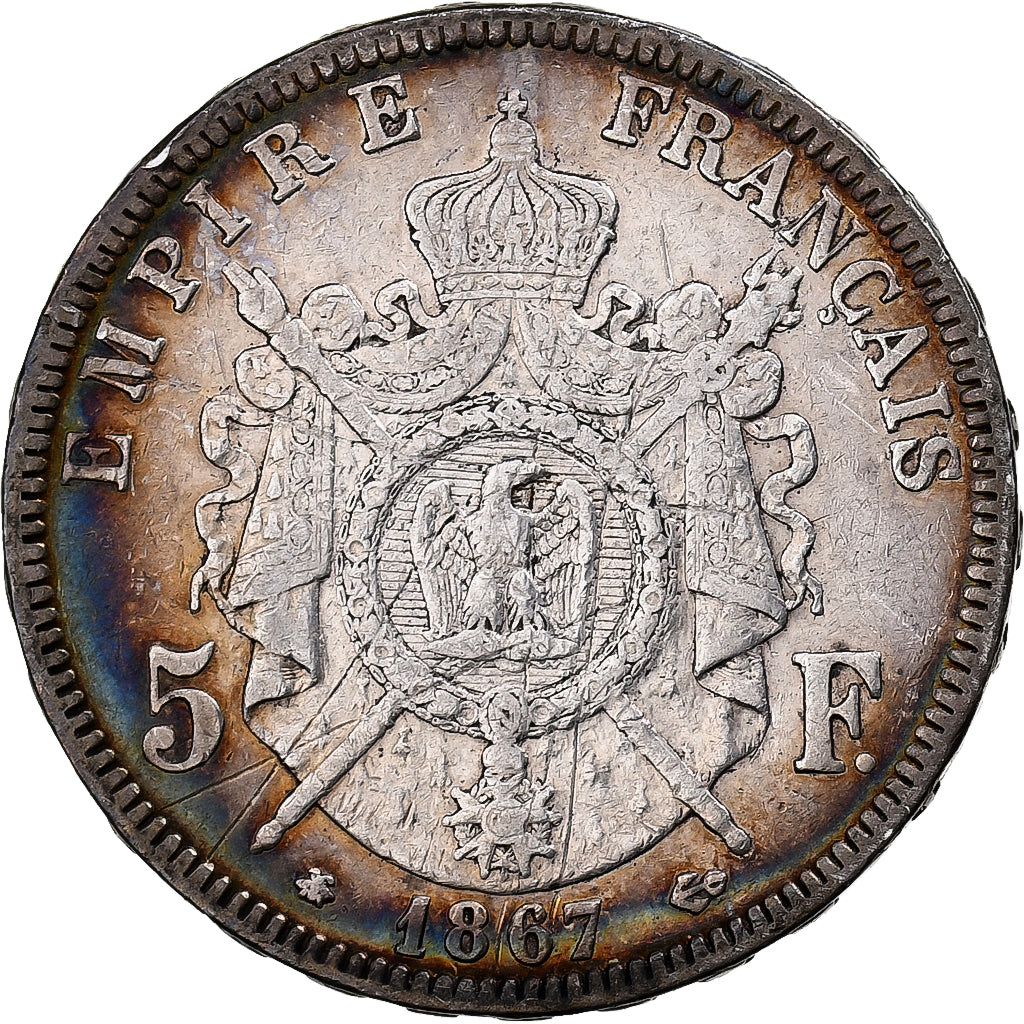 Francia, Napoleon III, 5 Francs, 1867, Paris, Argento, MB+, KM:799.1