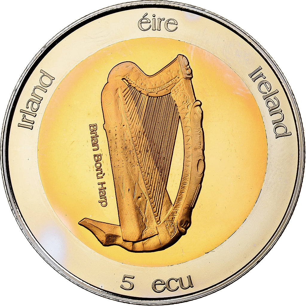 Irlanda, 5 Ecu, Brian Boru Harp, 1995, Bimetallico, SPL