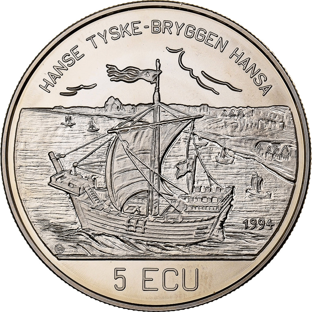 Dinamarca, 5 Ecu, 925 Years Bergen Brygge, 1995, Cobre - níquel, FDC