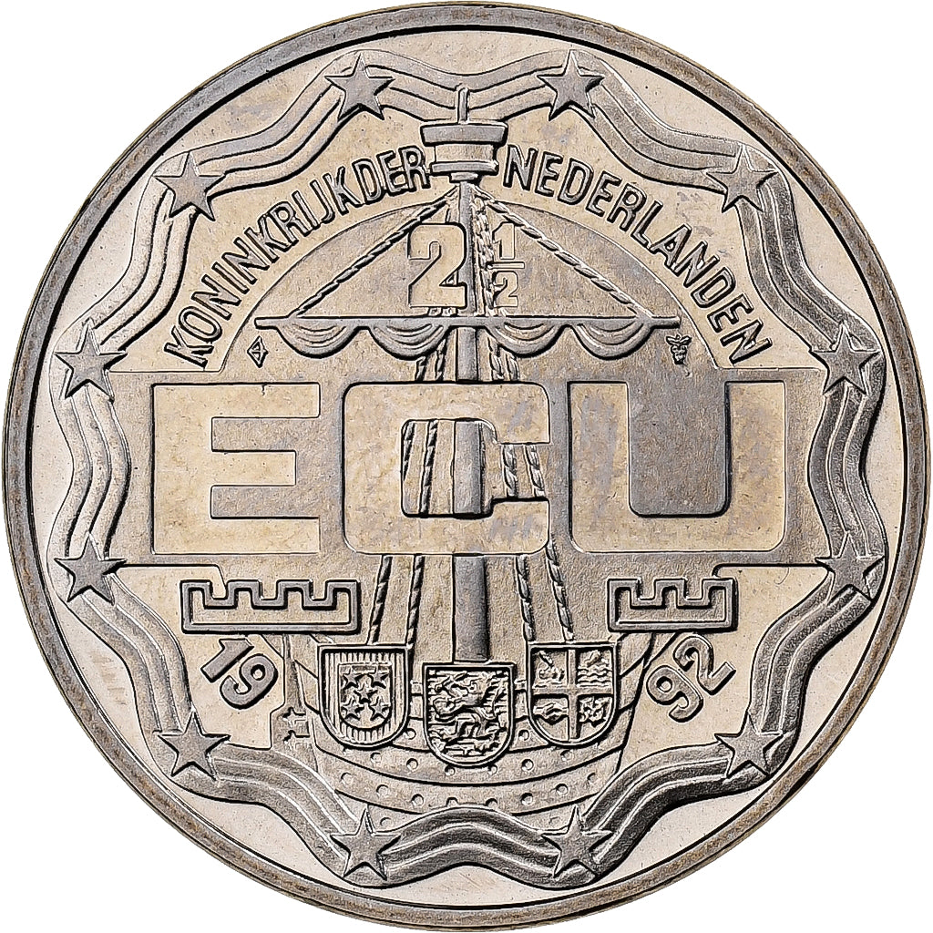 Países Baixos, 2 1/2 Ecu, Jubileum Beatrix, 1992, Cobre-níquel, MS(65-70)