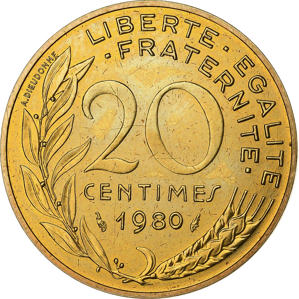 Francia, 20 Centimes, Marianne, 1980, Paris, Lagriffoul, Aluminio - bronce, FDC