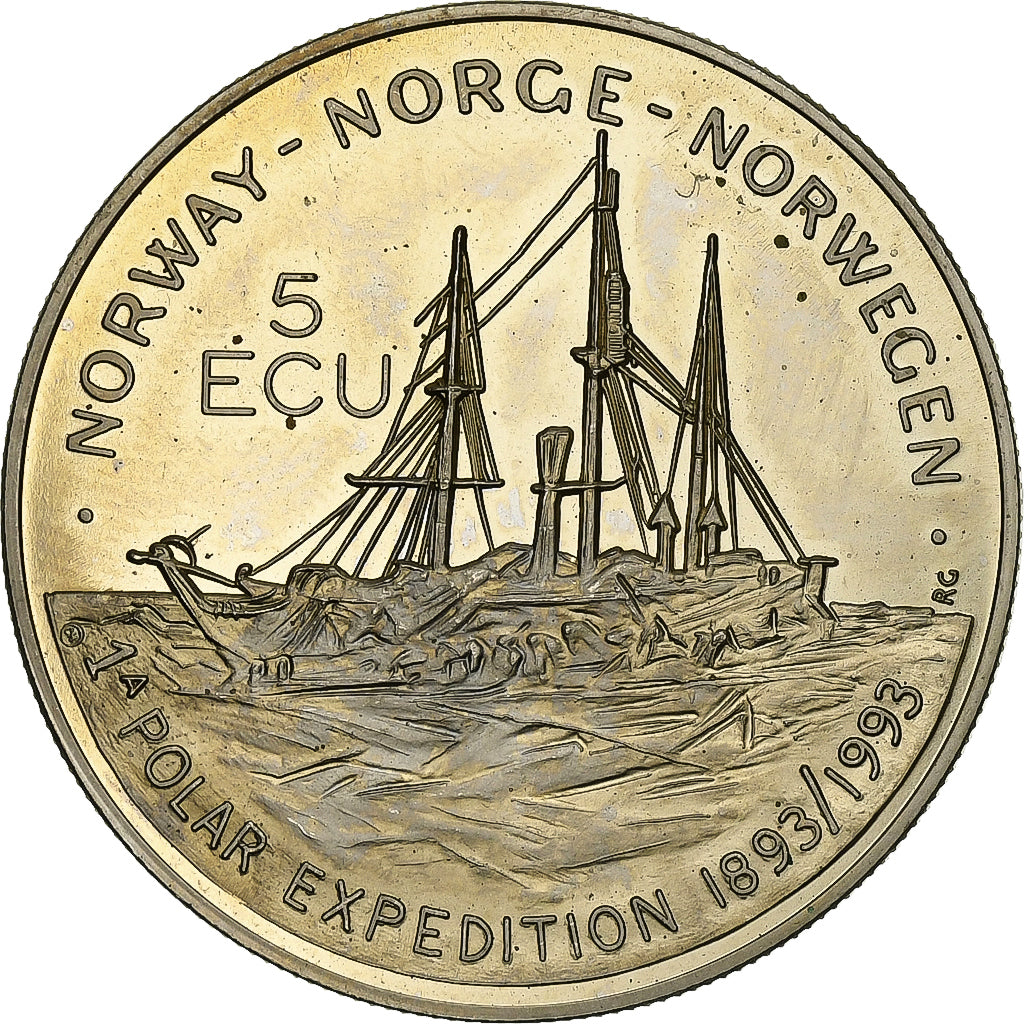 Norway, 5 Ecu, First Polar Expedition, Fridtjof Nansen, 1993, Copper-nickel