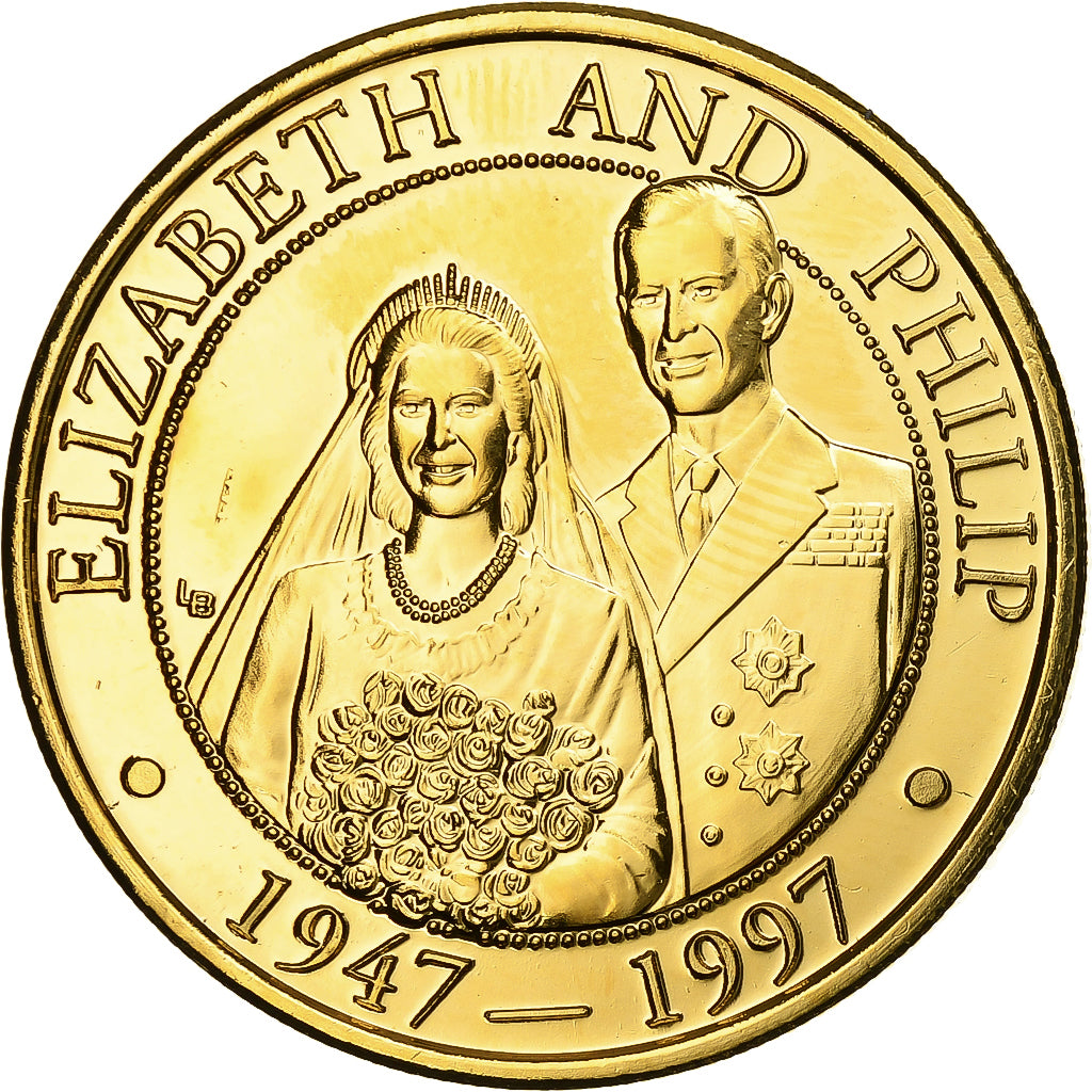 TURKS & CAICOS ISLANDS, Elizabeth II and Philip, 5 Crowns, 1997, Copper-Nickel