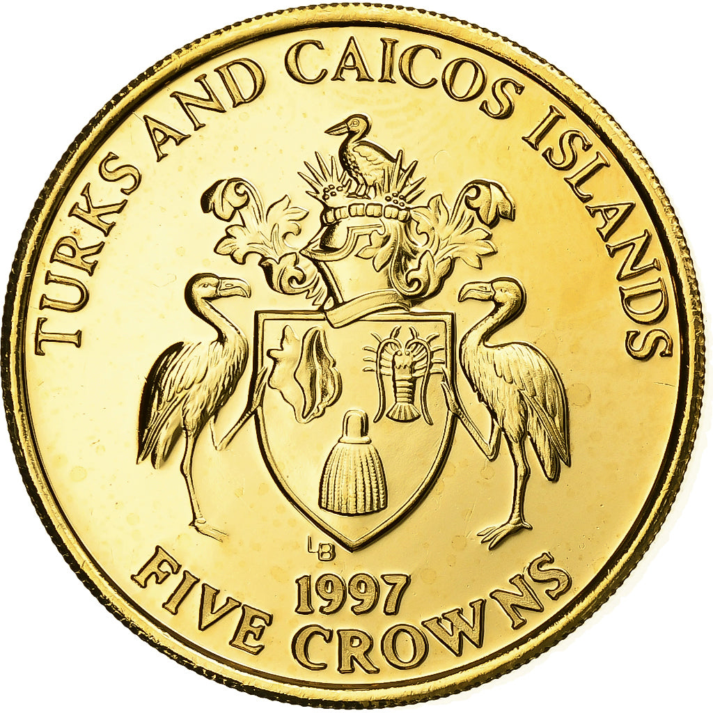 TURKS & CAICOS ISLANDS, Elizabeth II and Philip, 5 Crowns, 1997, Copper-Nickel
