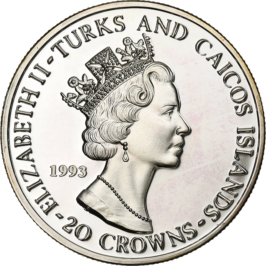 TURKS & CAICOS ISLANDS, Elizabeth II, 20 Crowns, 1993, Proof, Silver, MS(65-70)