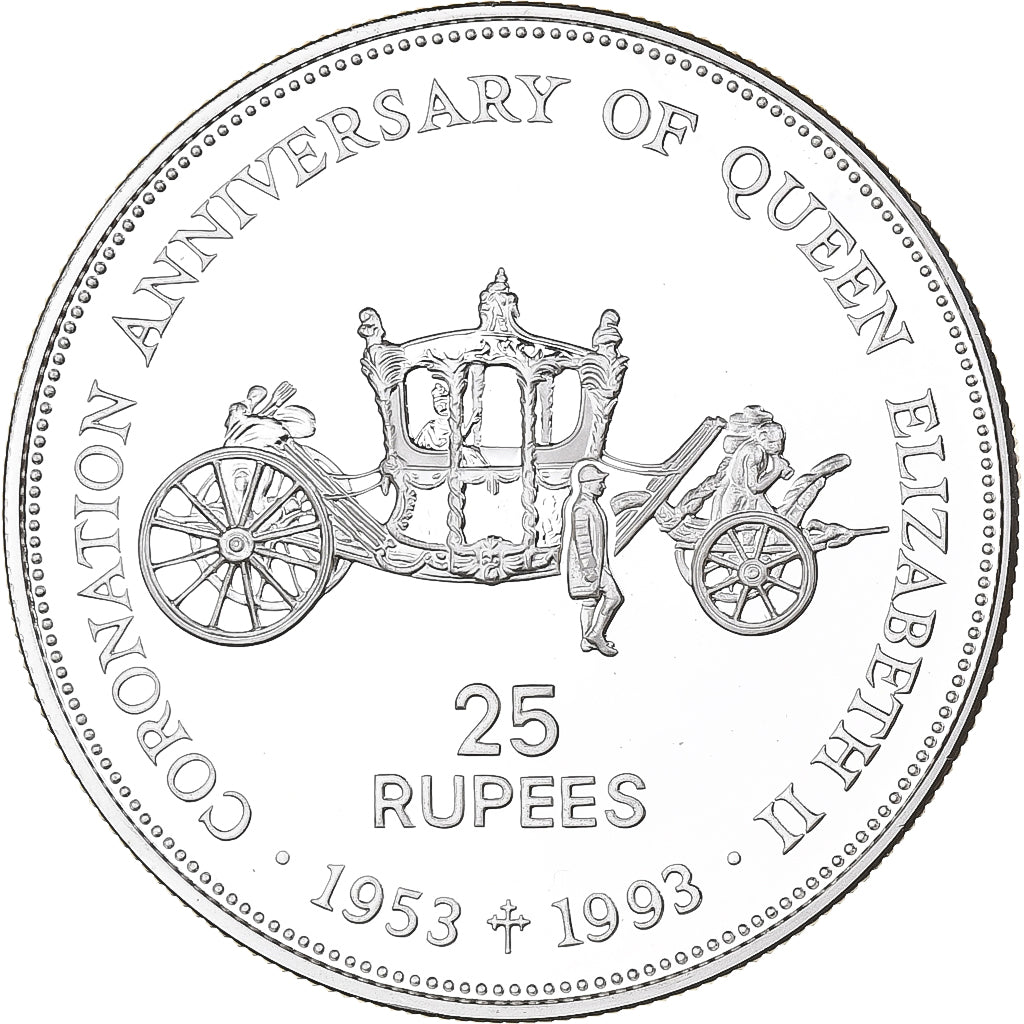 Seicheles, 25 Rupees, Queen Mother, 1993, BE, Prata, MS(65-70)
