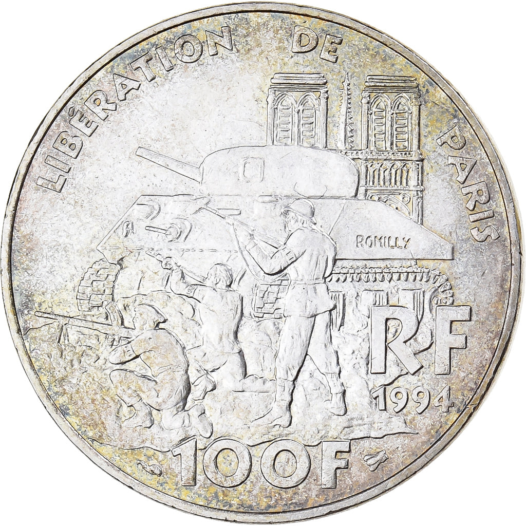 France, 100 Francs, Libération de Paris, 1994, Silver, AU(50-53), Gadoury:924