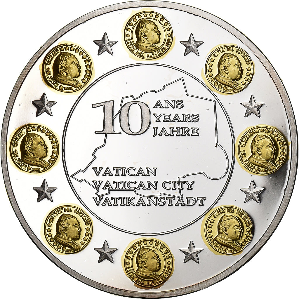 França, medalha, 10 ans de l'Euro, Vatican, 2012, Prata Cromada a Cobre