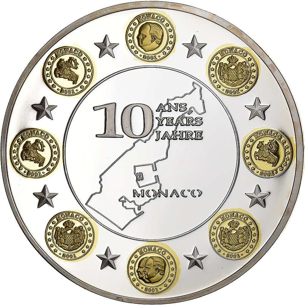 França, medalha, 10 Ans de l'Euro, Monaco, Prata Cromada a Cobre, MS(65-70)