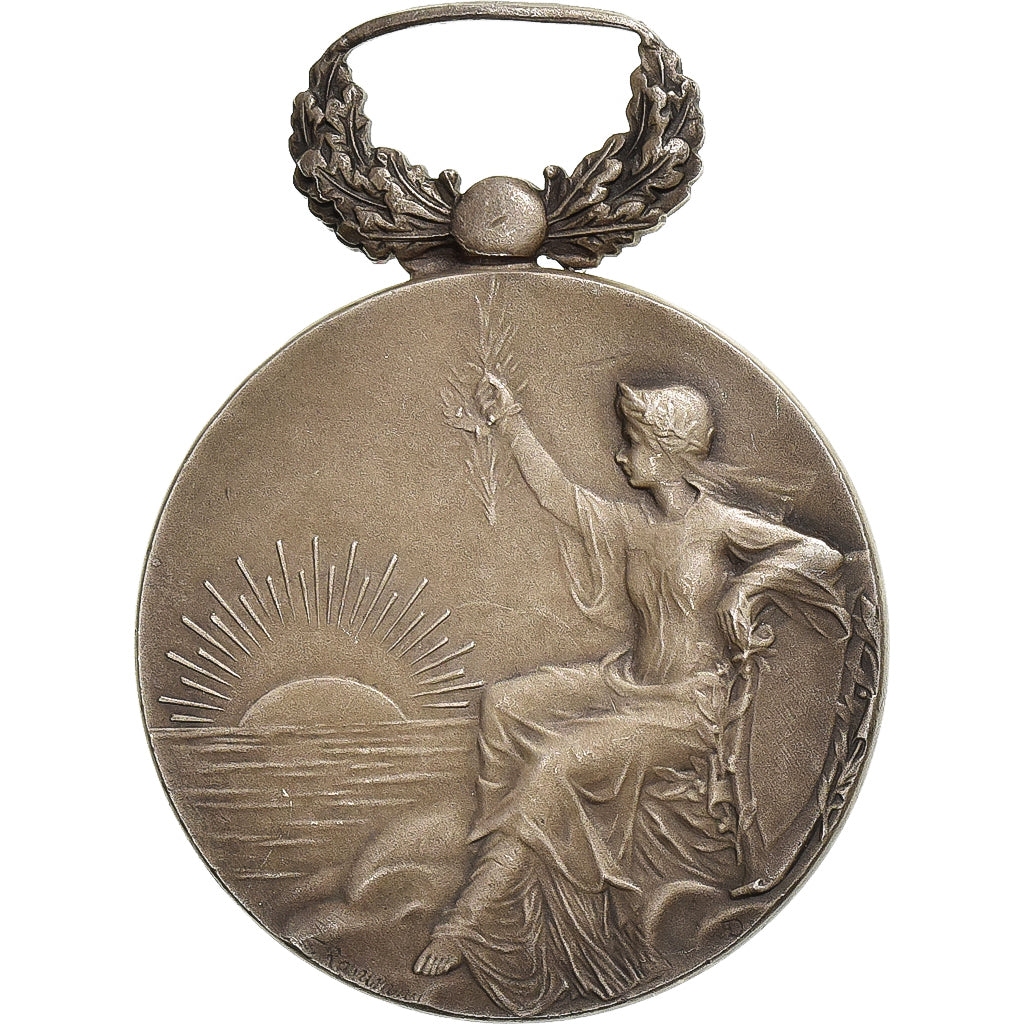 França, medalha, Art Nouveau, Femme Assise, Coucher de Soleil, Bronze Prateado