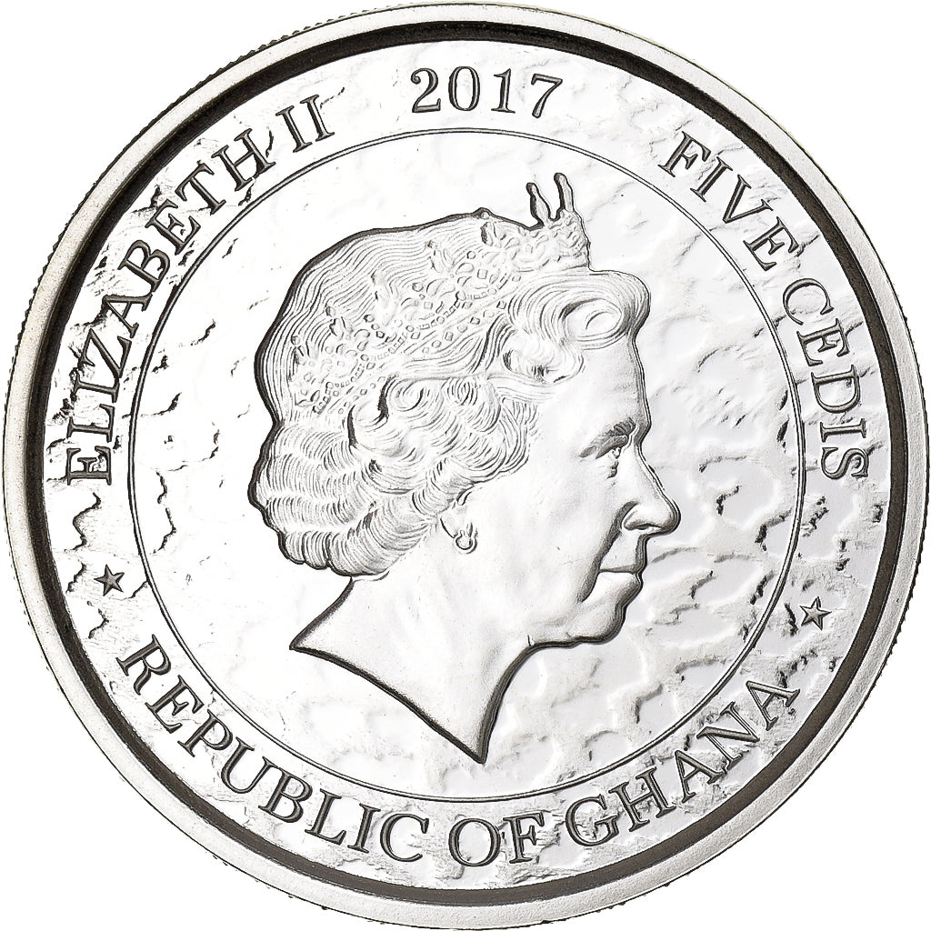 Ghana, 5 Cedis, African Leopard, 2017, 1 Oz, Srebro, MS(65-70)