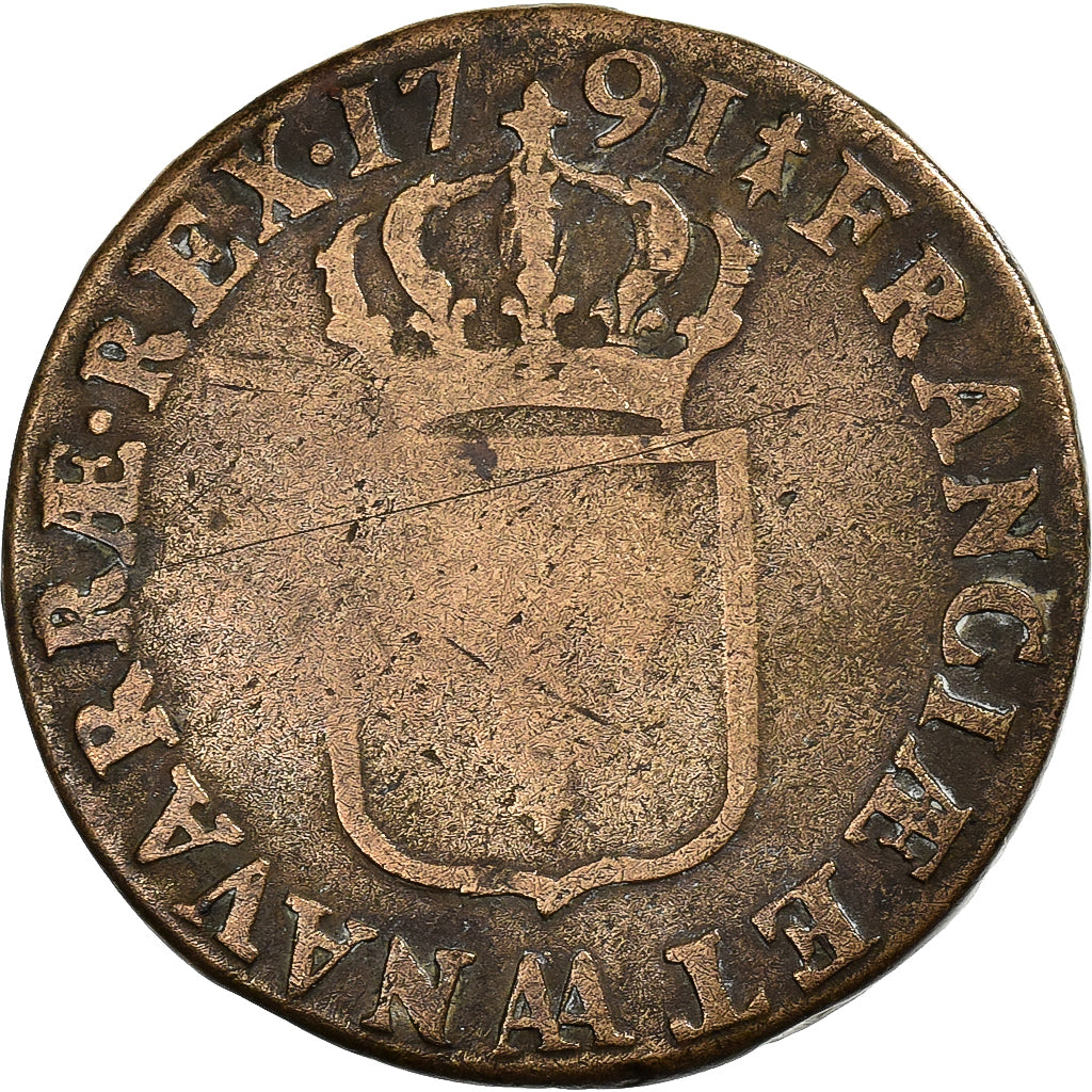 Francia, Louis XVI, Sol, 1791, Metz, Métal de cloche, BC+