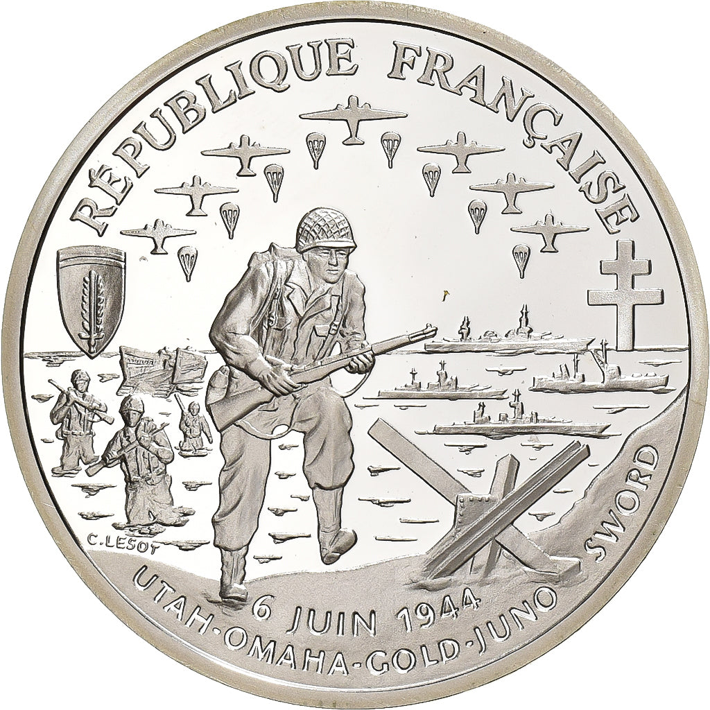 França, Normandy Invasion, Franc, 1993, Paris, Proof, MS(65-70), Prata, KM:1014