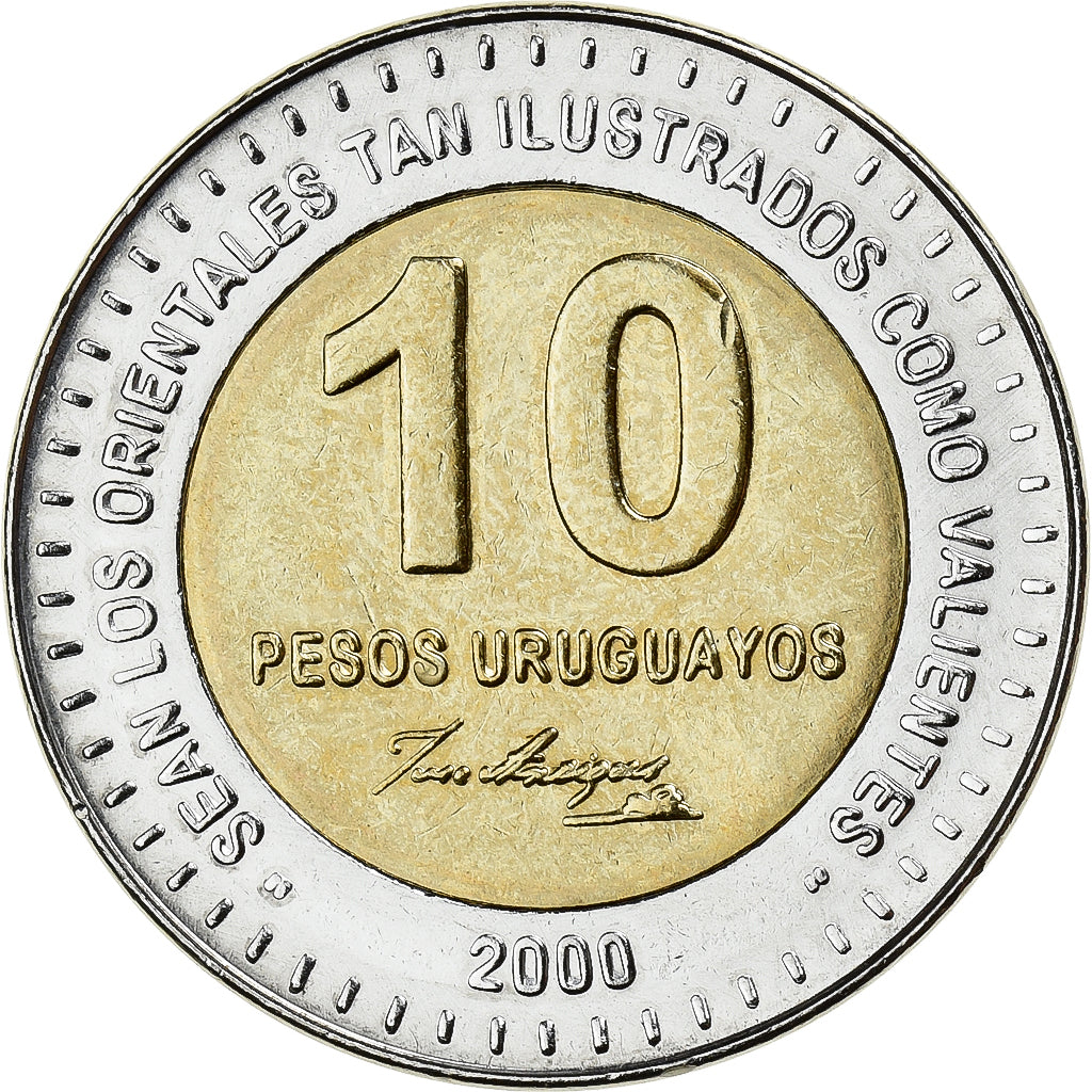 Uruguay, 10 Pesos Uruguayos, 2000, Bi-Metallic, MS(64), KM:121
