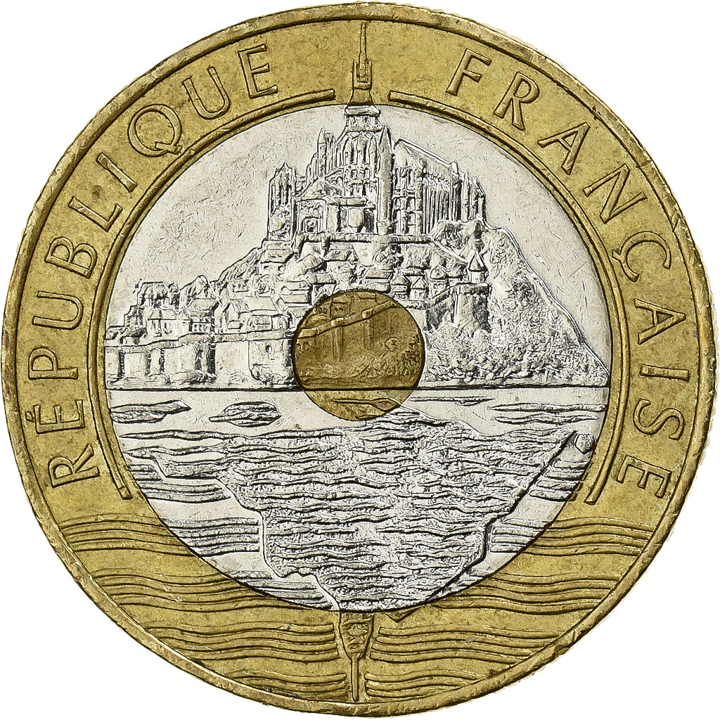 Francia, 20 Francs, Mont Saint Michel, 1992, V Ouvert, Tri-metallico, SPL-