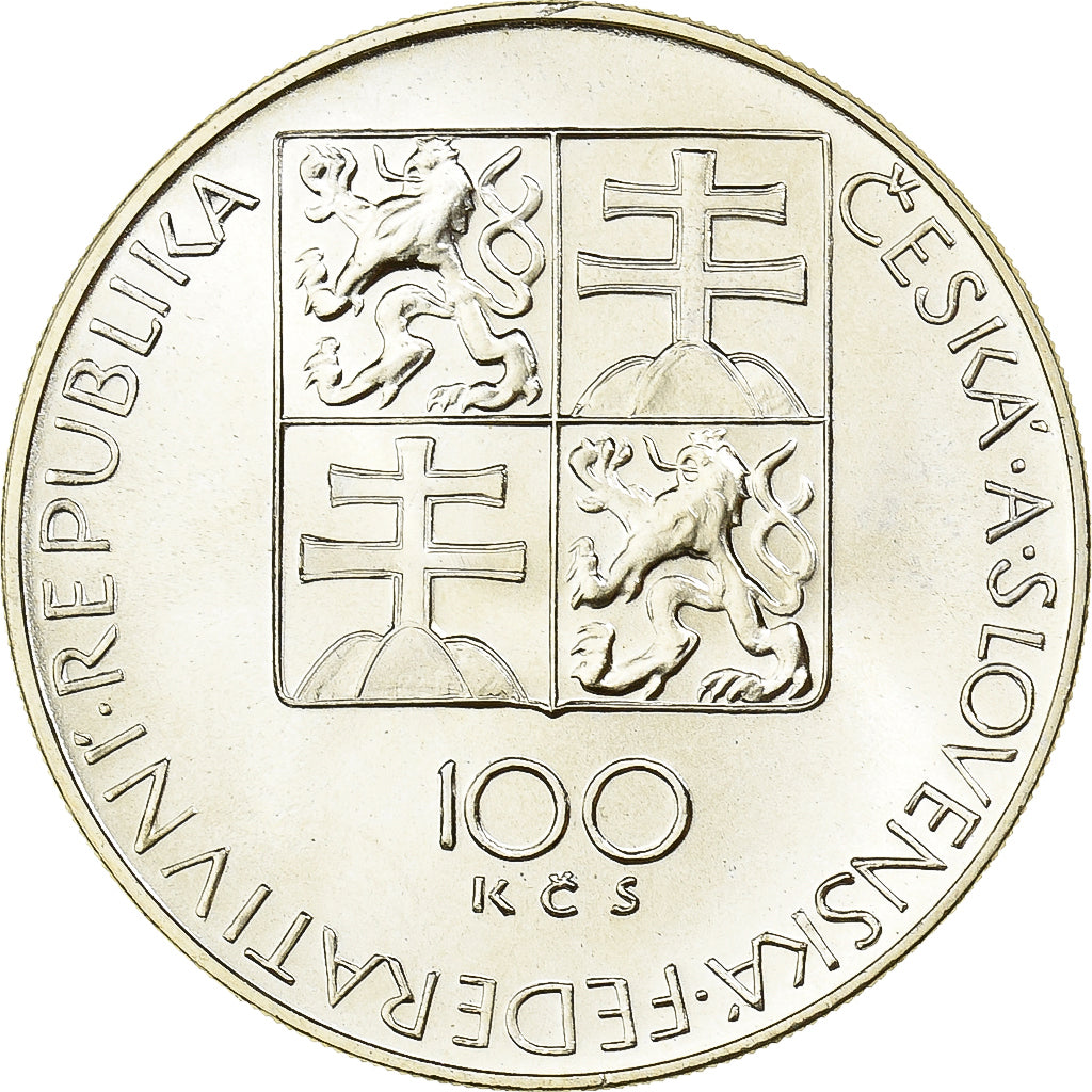 Czechoslovakia, 100 Korun, 1991, Mozart, Silver, MS(63)