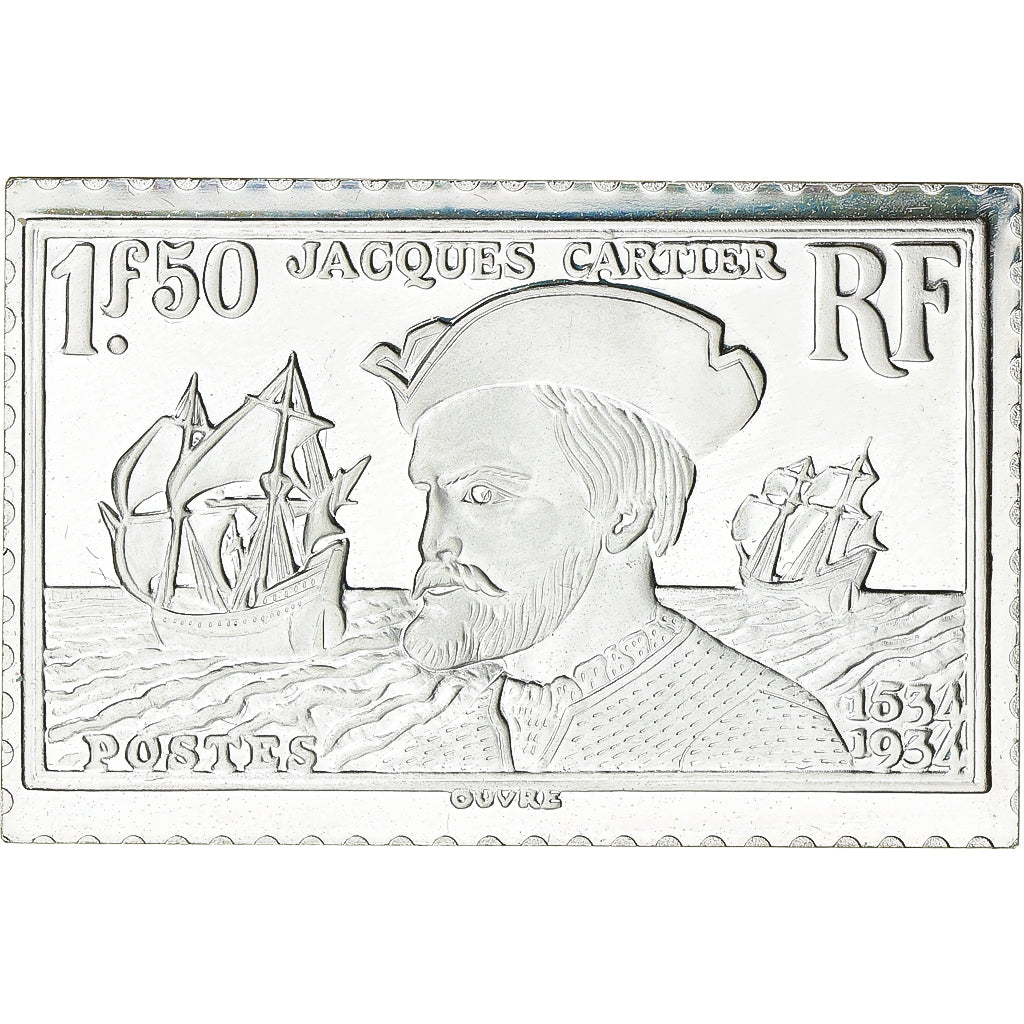Francja, medal, Timbre, Jacques Cartier, 1,50 Francs, 1983, Srebro, MS(65-70)