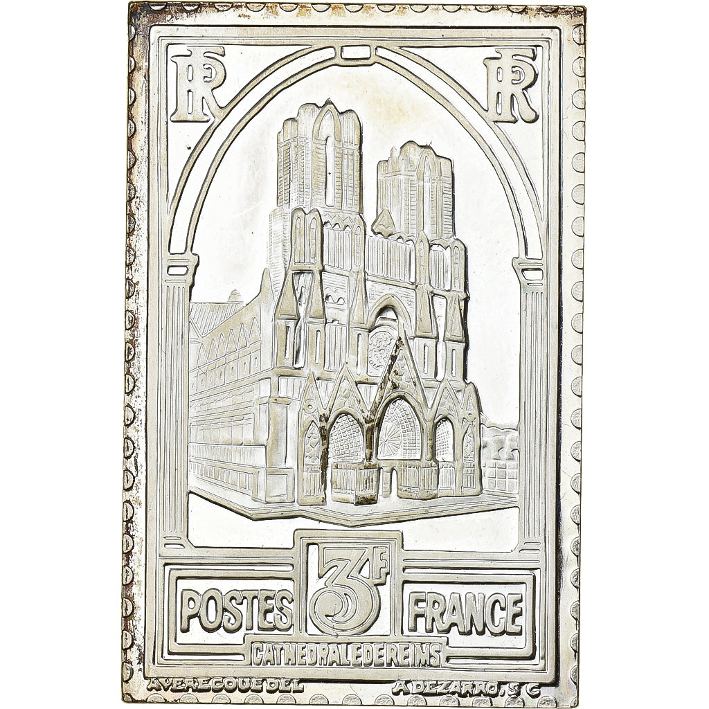 France, Medal, Timbre, Cathédrale de Reims, Type III, 3 Francs, 1983, Silver