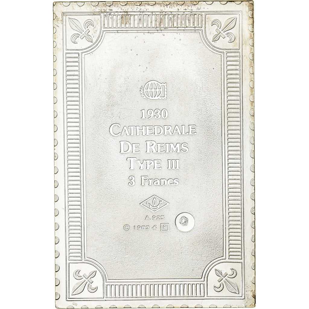 France, Medal, Timbre, Cathédrale de Reims, Type III, 3 Francs, 1983, Silver
