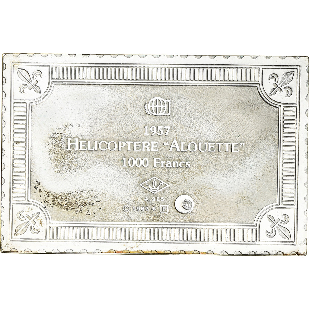 França, medalha, Timbre, Hélicoptère Alouette, 1000 Francs, 1983, Prata