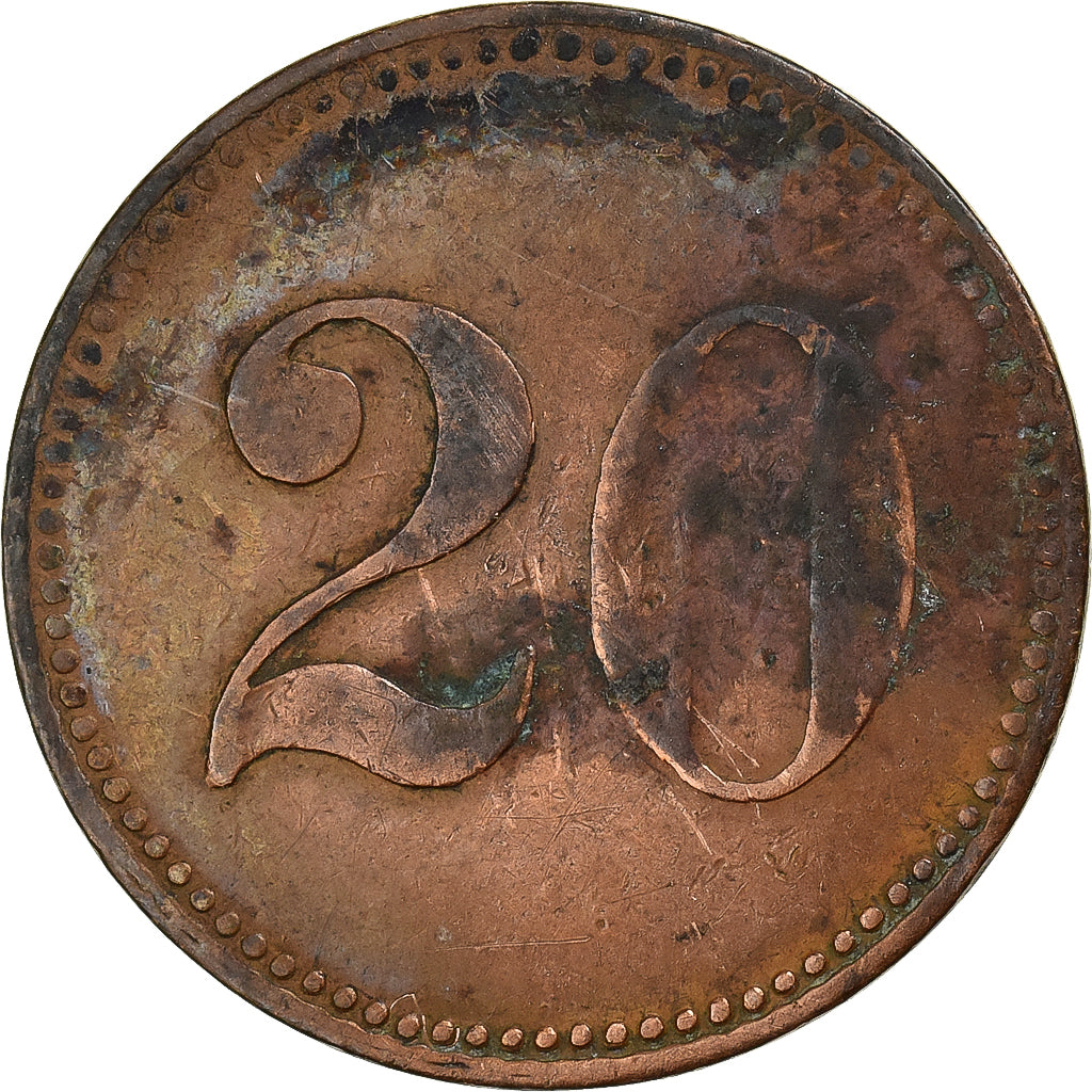 França, 20 Centimes, Hôtel Franco-Belge Mathé, Cobre, VF(30-35)