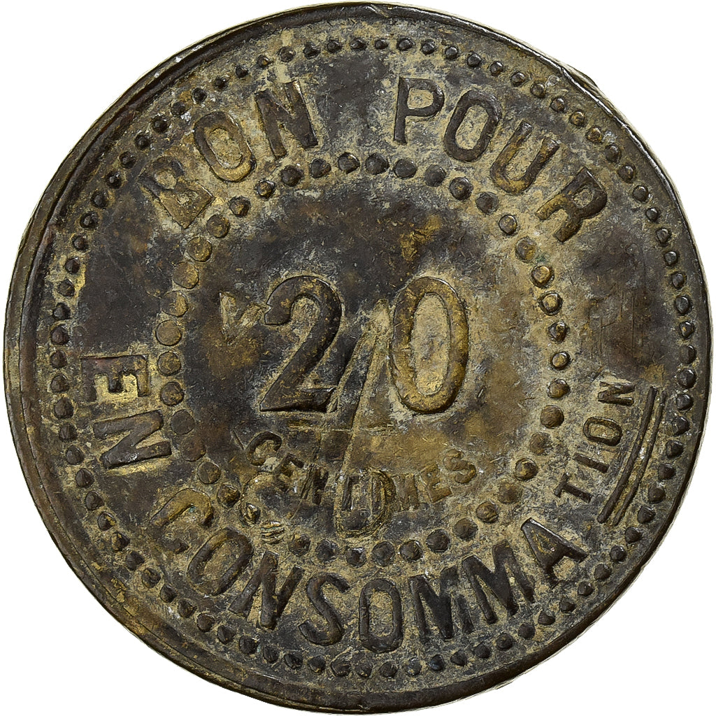 France, Cercle des Sous-Officiers, 1er Hussards, 20 Centimes, VF(20-25), Brass