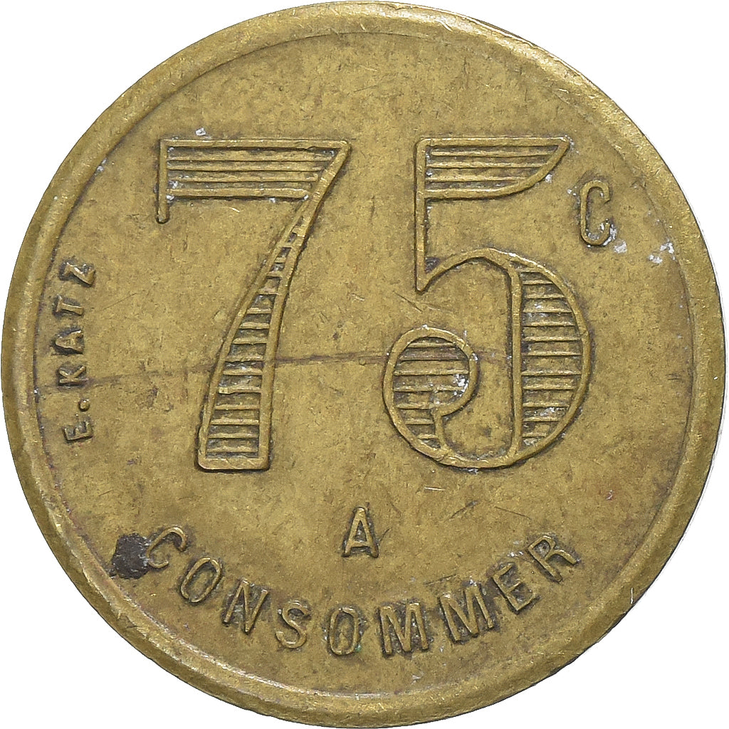 France, A Consommer, 75 Centimes, TB+, Laiton