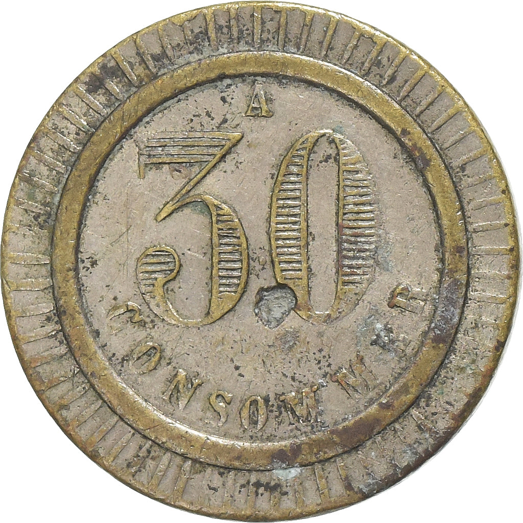 France, A Consommer, 30 Centimes, TB, Laiton